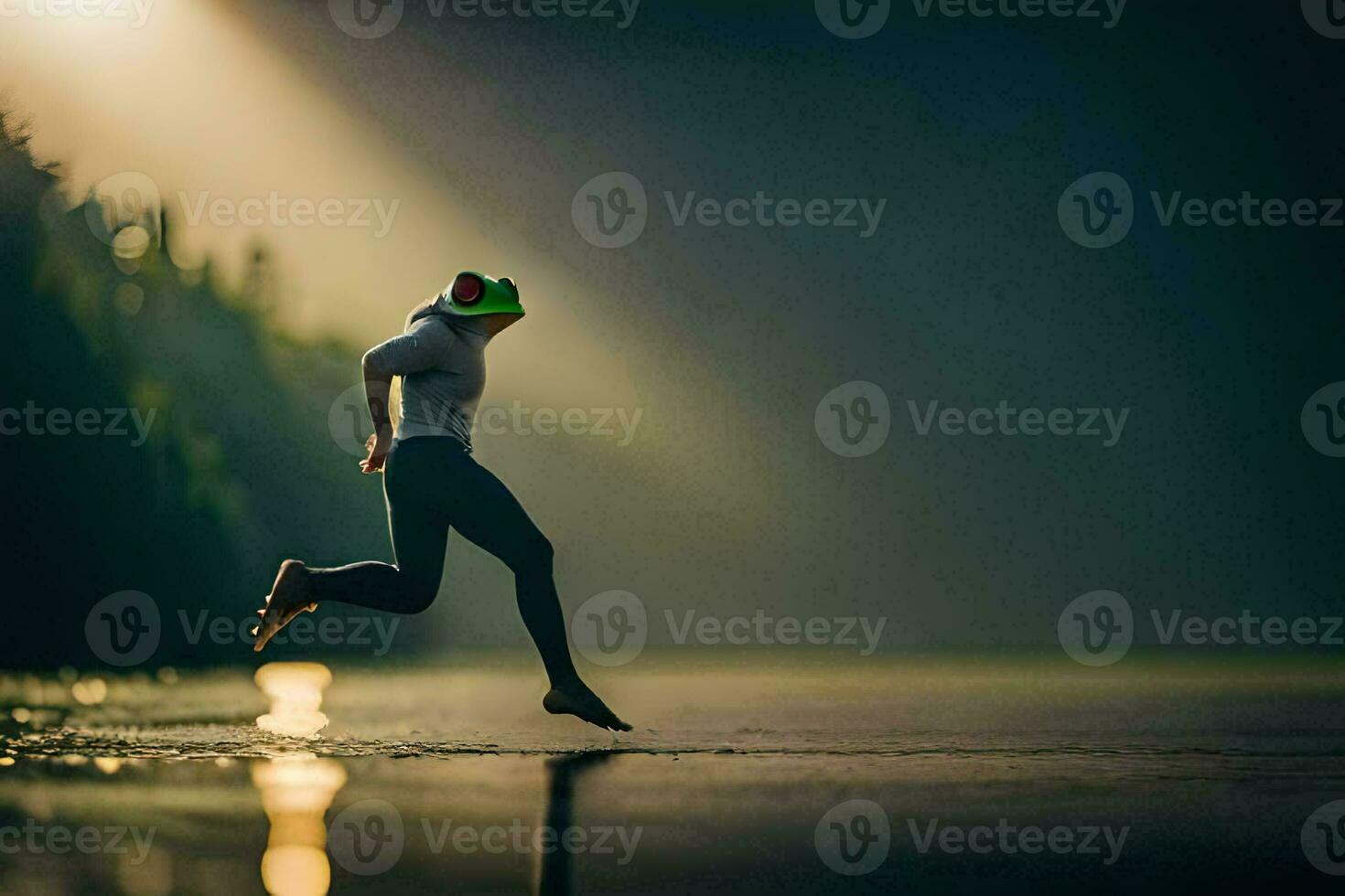 a man running in the water at sunset. AI-Generated photo