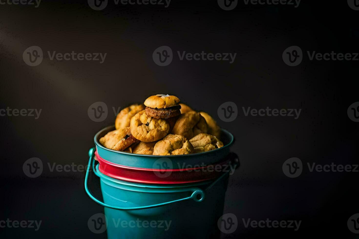 a bucket filled with cookies on a dark background. AI-Generated photo