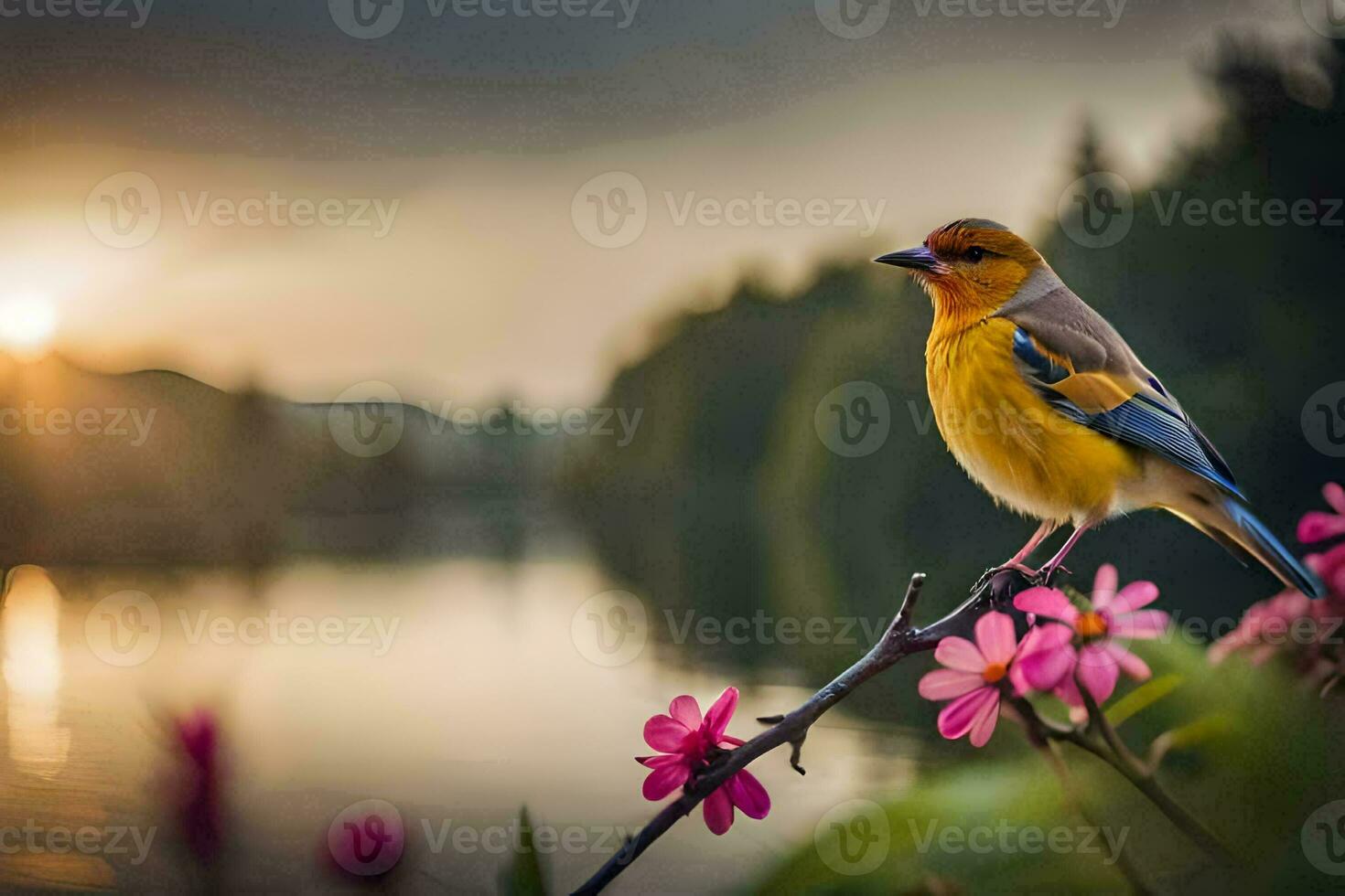 a bird sits on a branch near a lake. AI-Generated photo
