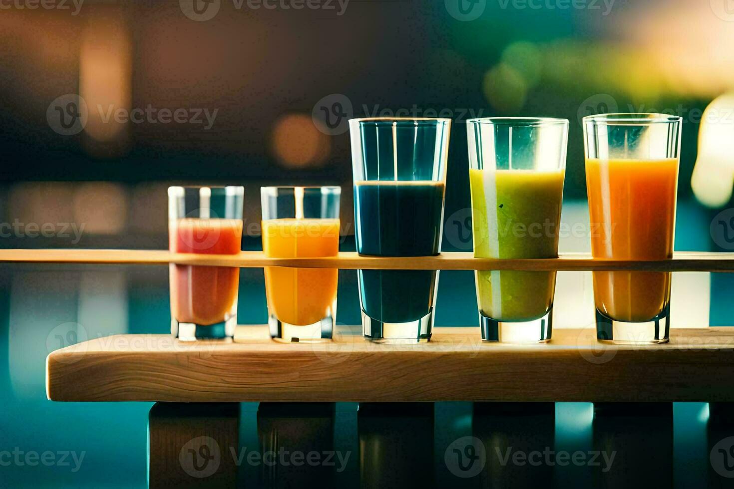 a wooden tray with four different colored drinks. AI-Generated photo