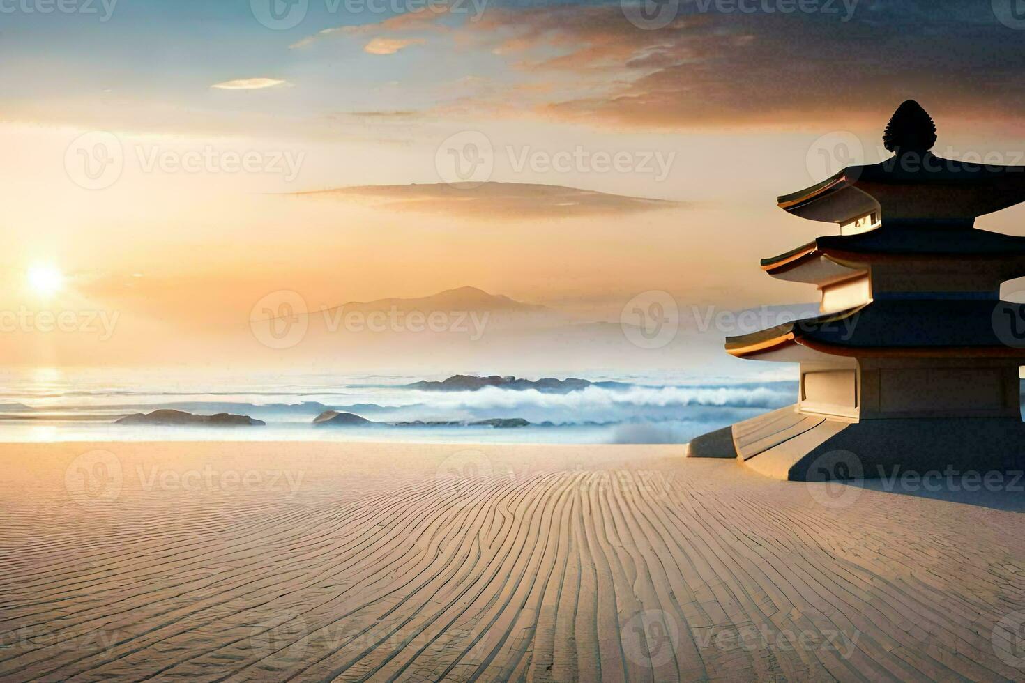 a pagoda sits on the sand at sunset. AI-Generated photo