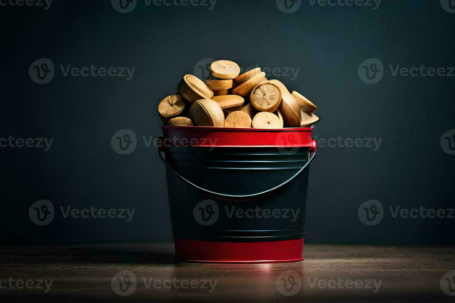 a bucket filled with wooden chips on a table. AI-Generated photo