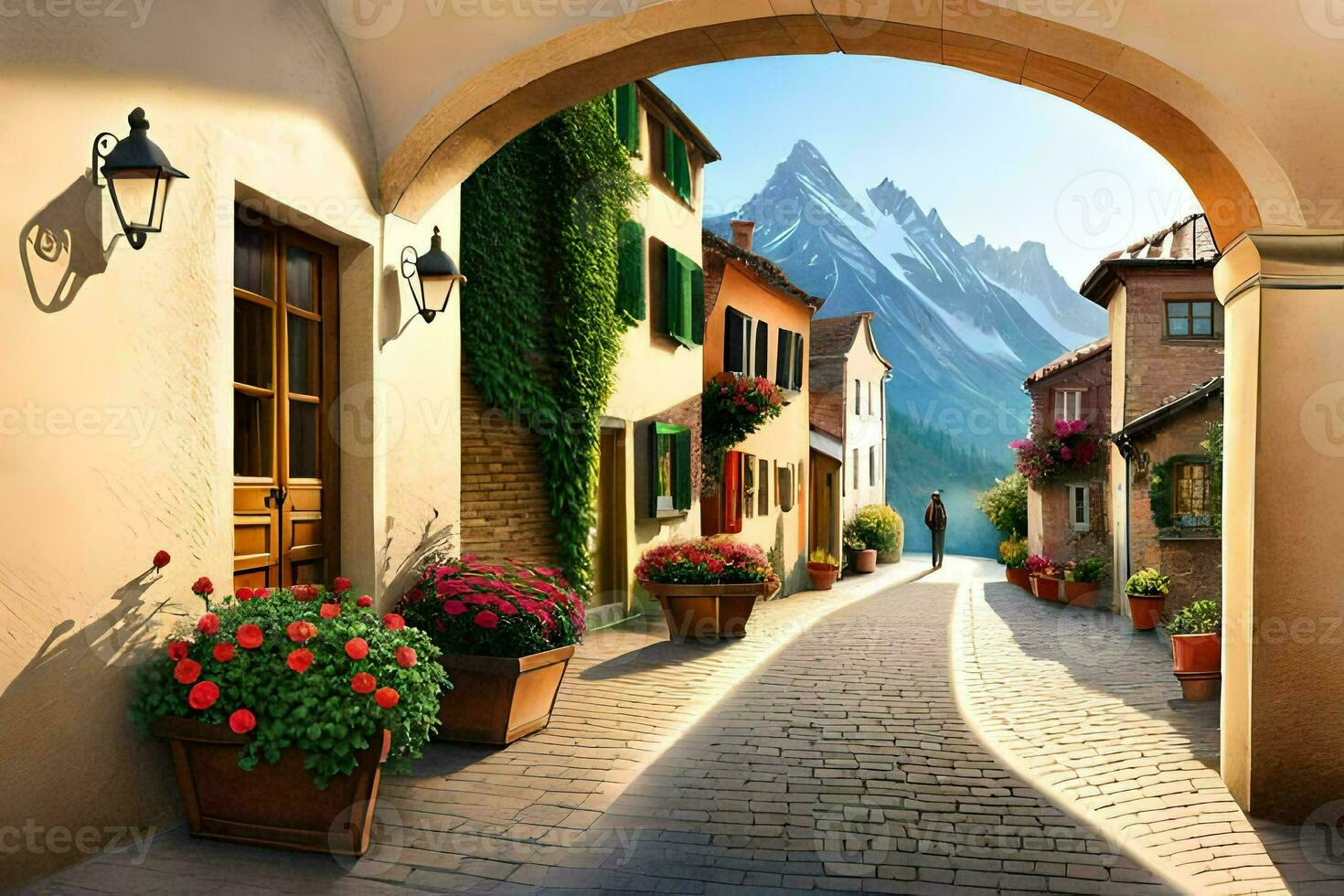 a street with flowers and a mountain in the background. AI-Generated photo