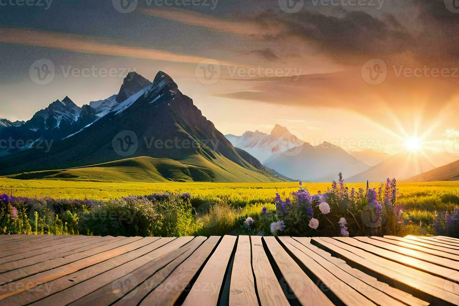 the sun rises over the mountains in the background. AI-Generated photo