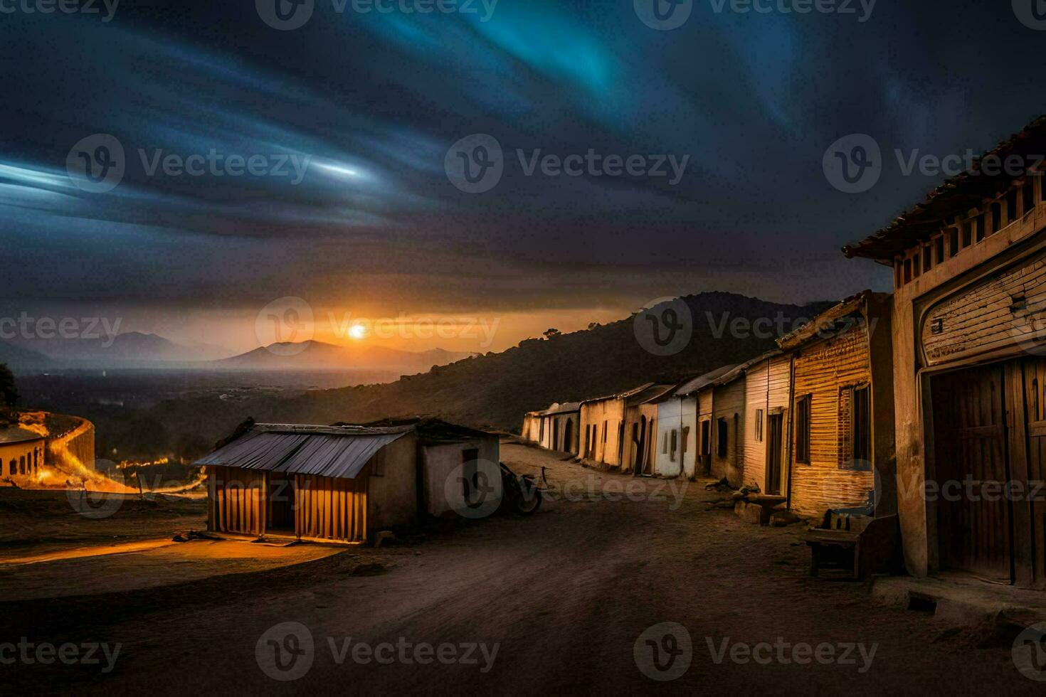 a street in the village at sunset. AI-Generated photo