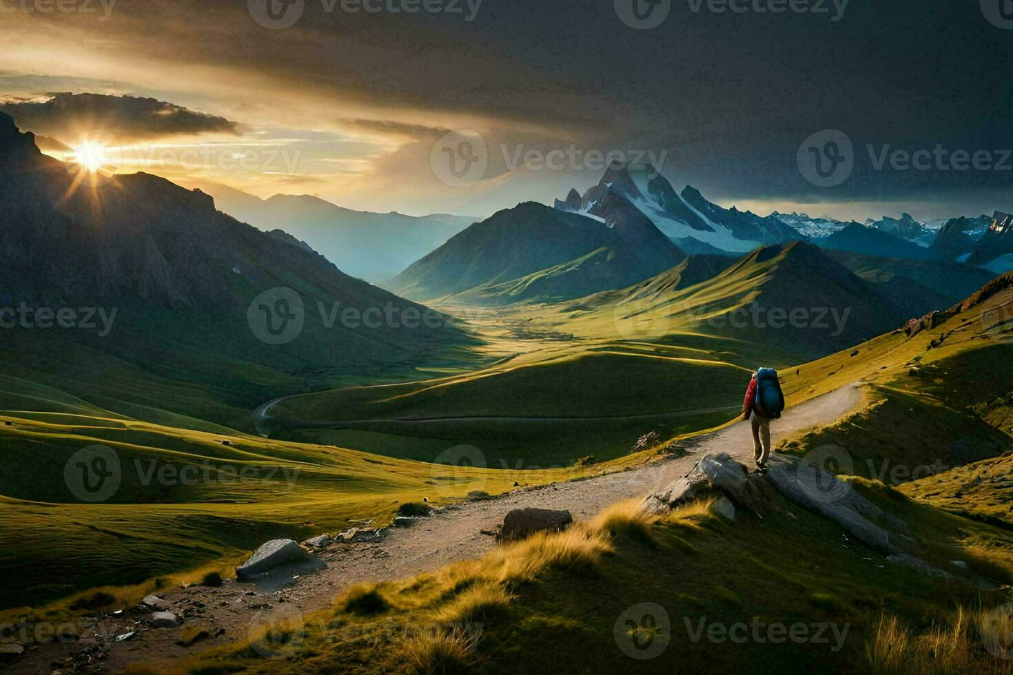 the man is standing on the path in the mountains. AI-Generated photo