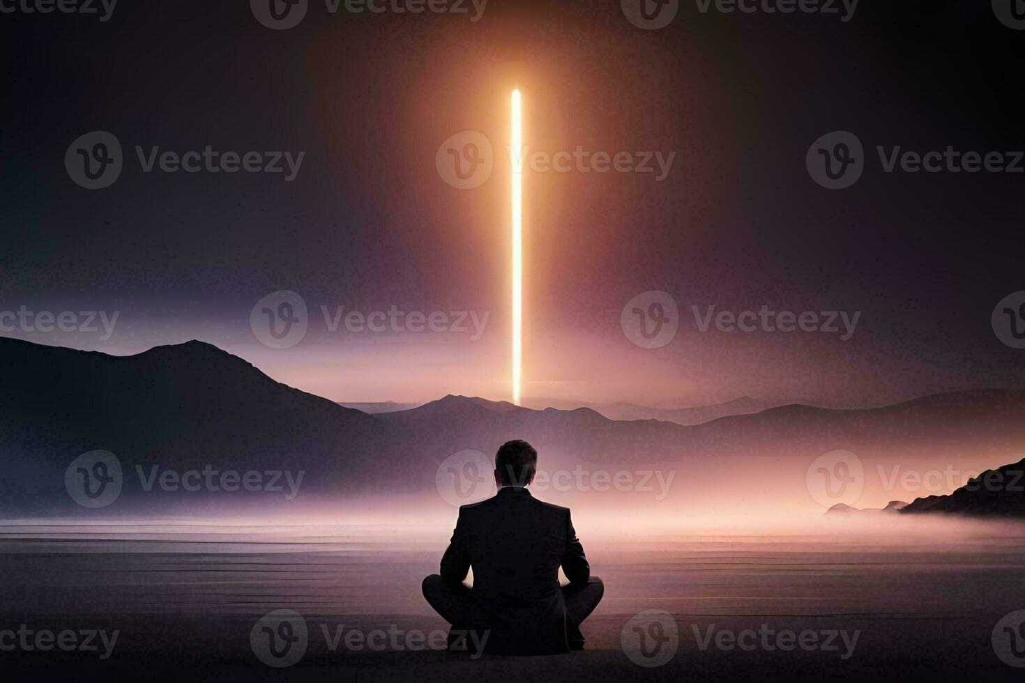 a man sitting in the middle of a lake at night with a light coming from the sky. AI-Generated photo