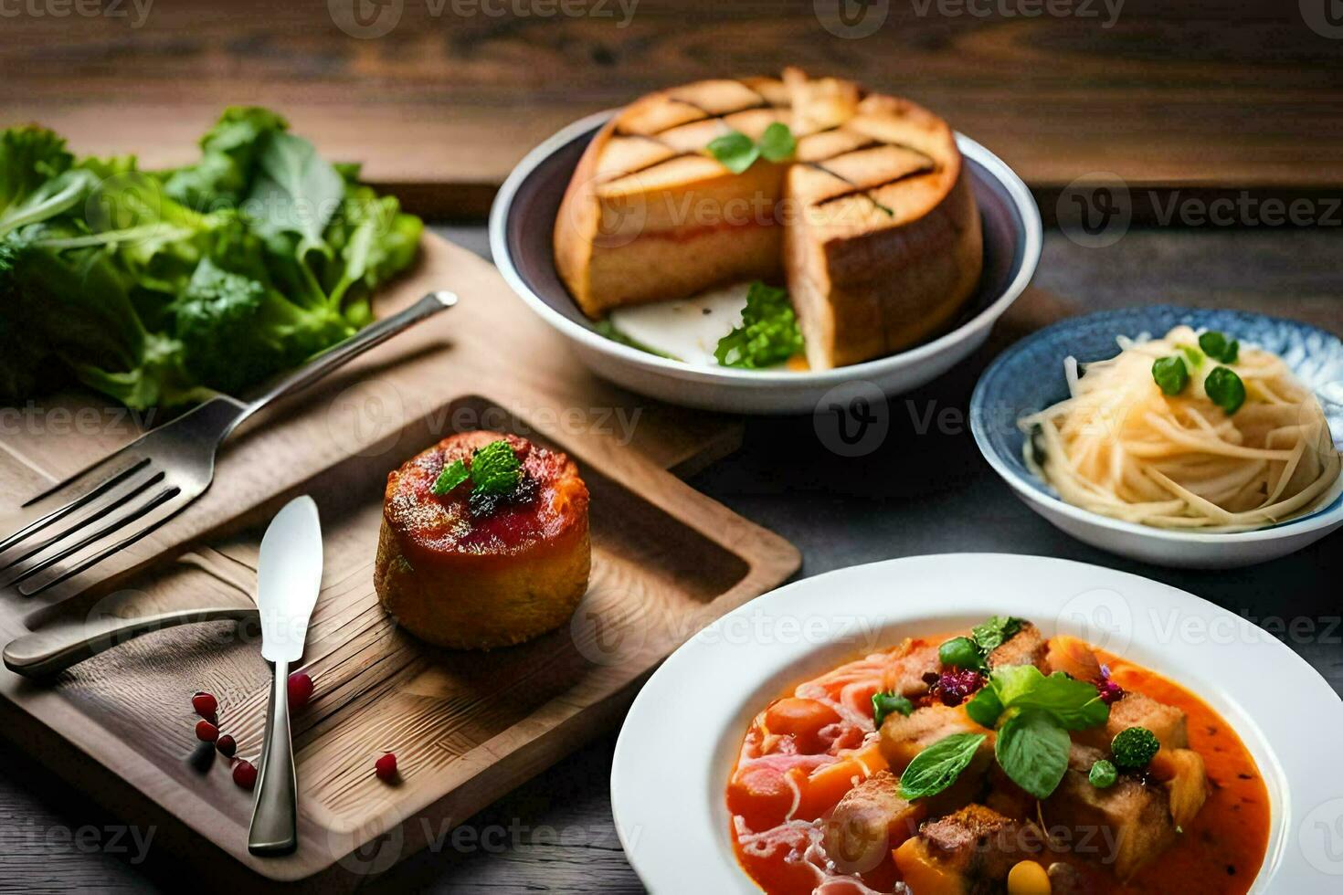 un mesa con comida y utensilios en él. generado por ai foto