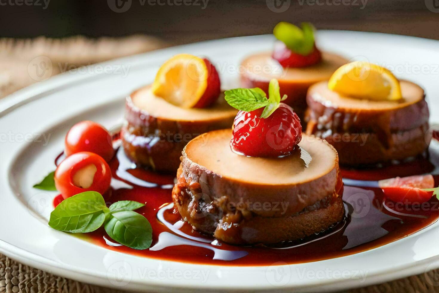 four desserts on a plate with sauce. AI-Generated photo