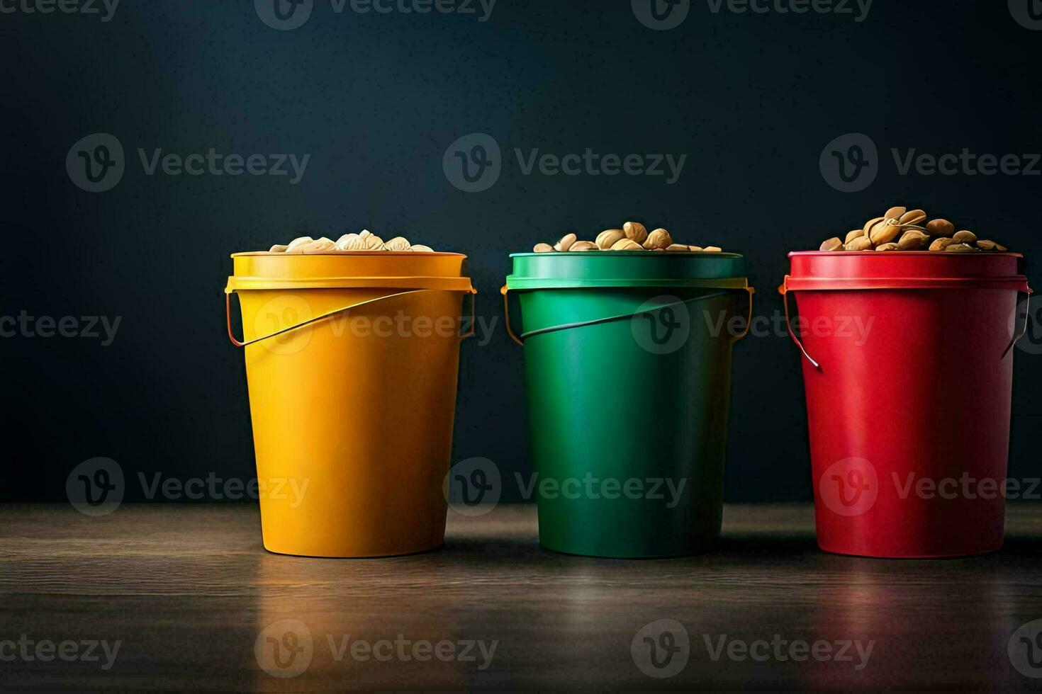 three colorful buckets with peanuts in them. AI-Generated photo