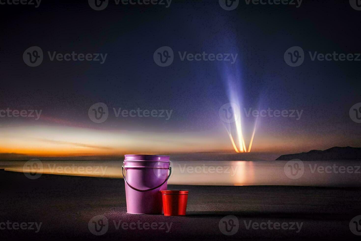 two red cups sit on the beach at sunset. AI-Generated photo