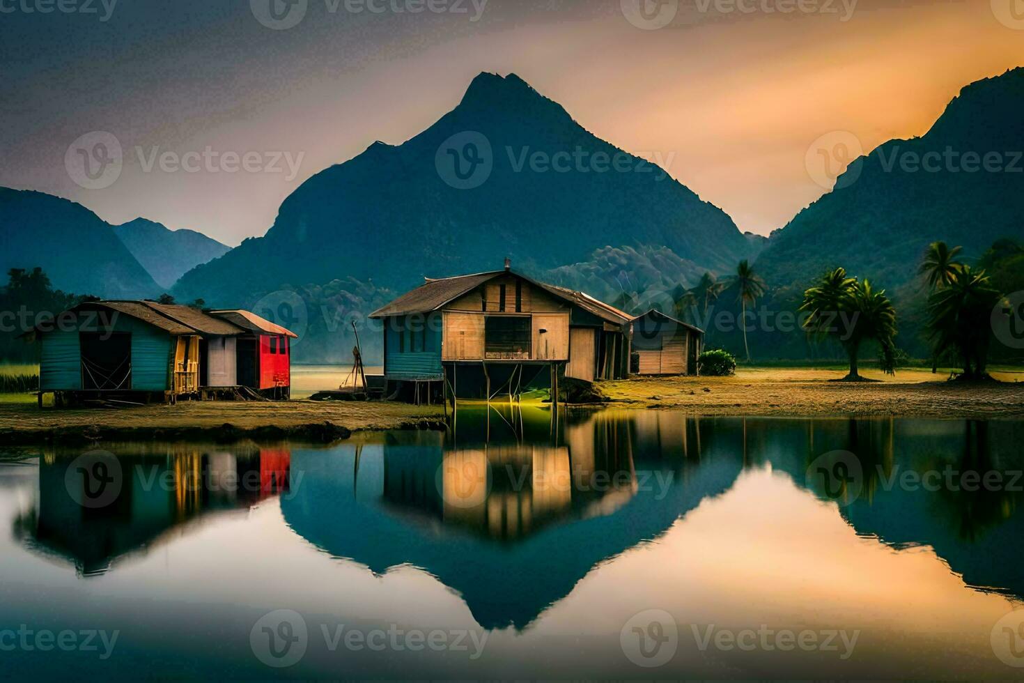 huts by the lake by kim kim. AI-Generated photo