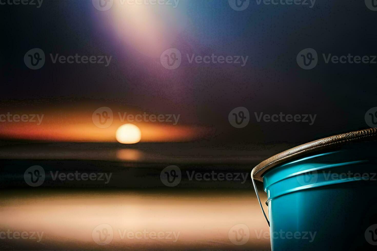 a blue bucket sitting on the beach at night. AI-Generated photo