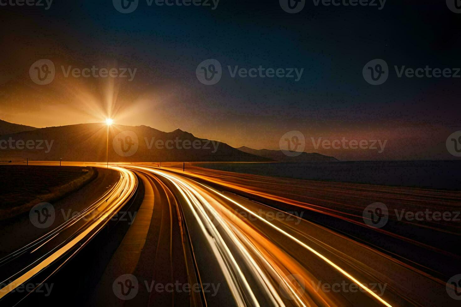 a long exposure photograph of a highway at sunset. AI-Generated photo