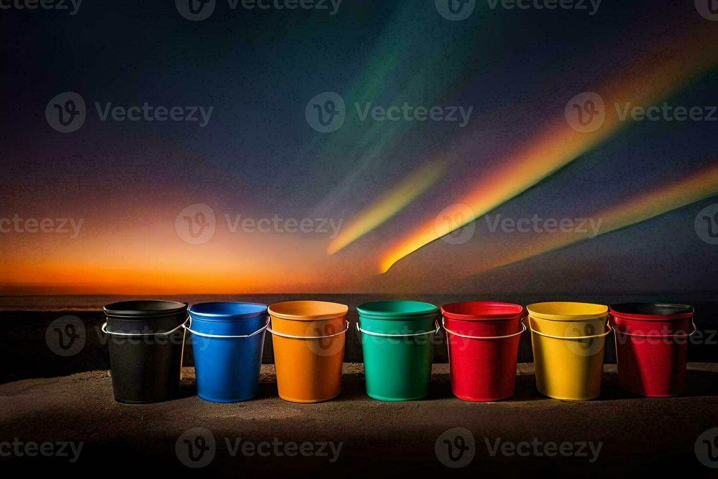 colorful buckets on the beach with an aurora in the background. AI-Generated photo