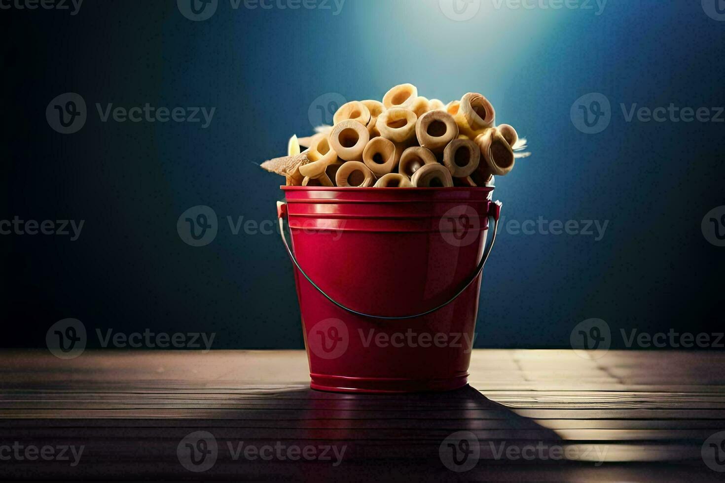a red bucket filled with pasta. AI-Generated photo