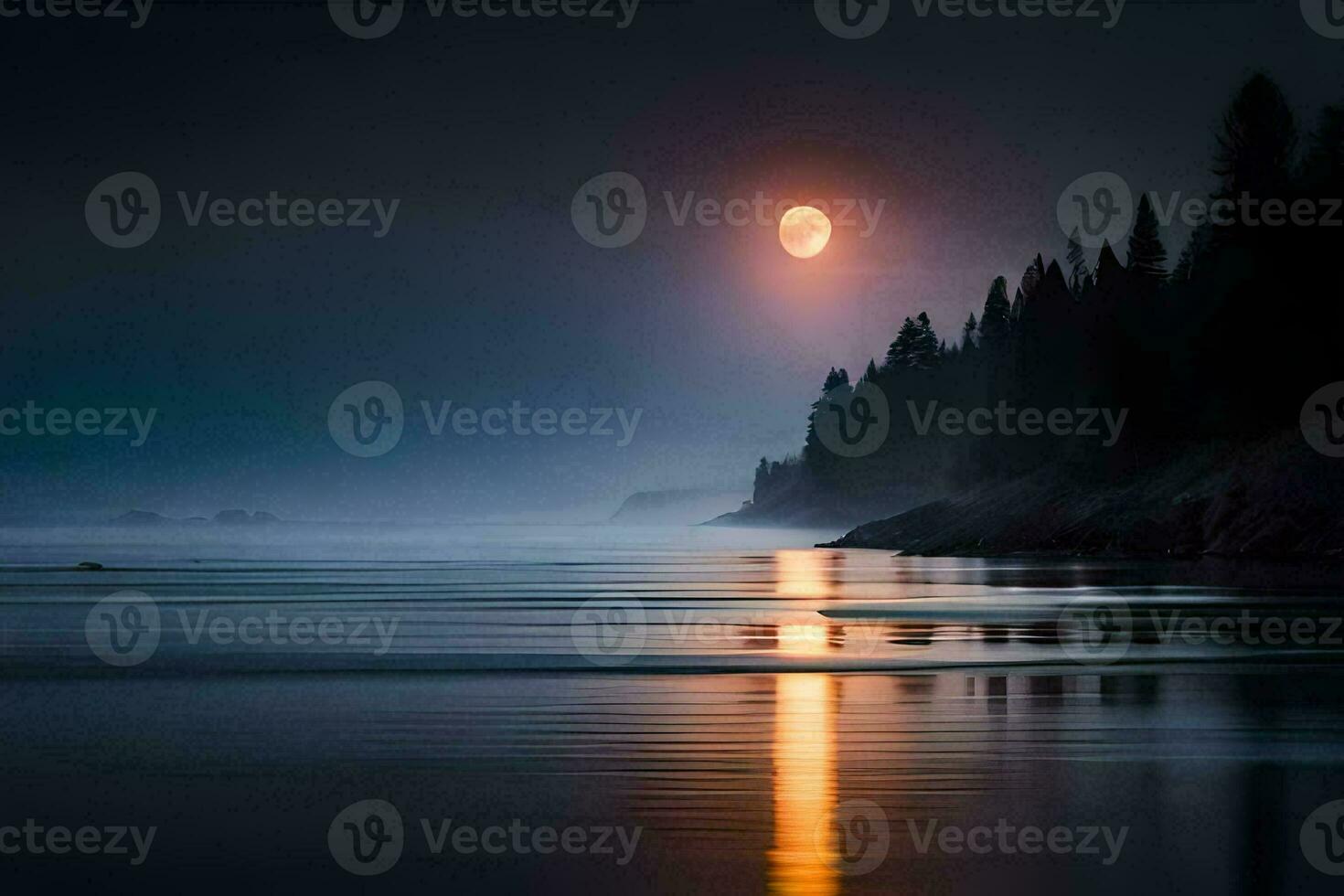 the moon rises over the water in the fog. AI-Generated photo