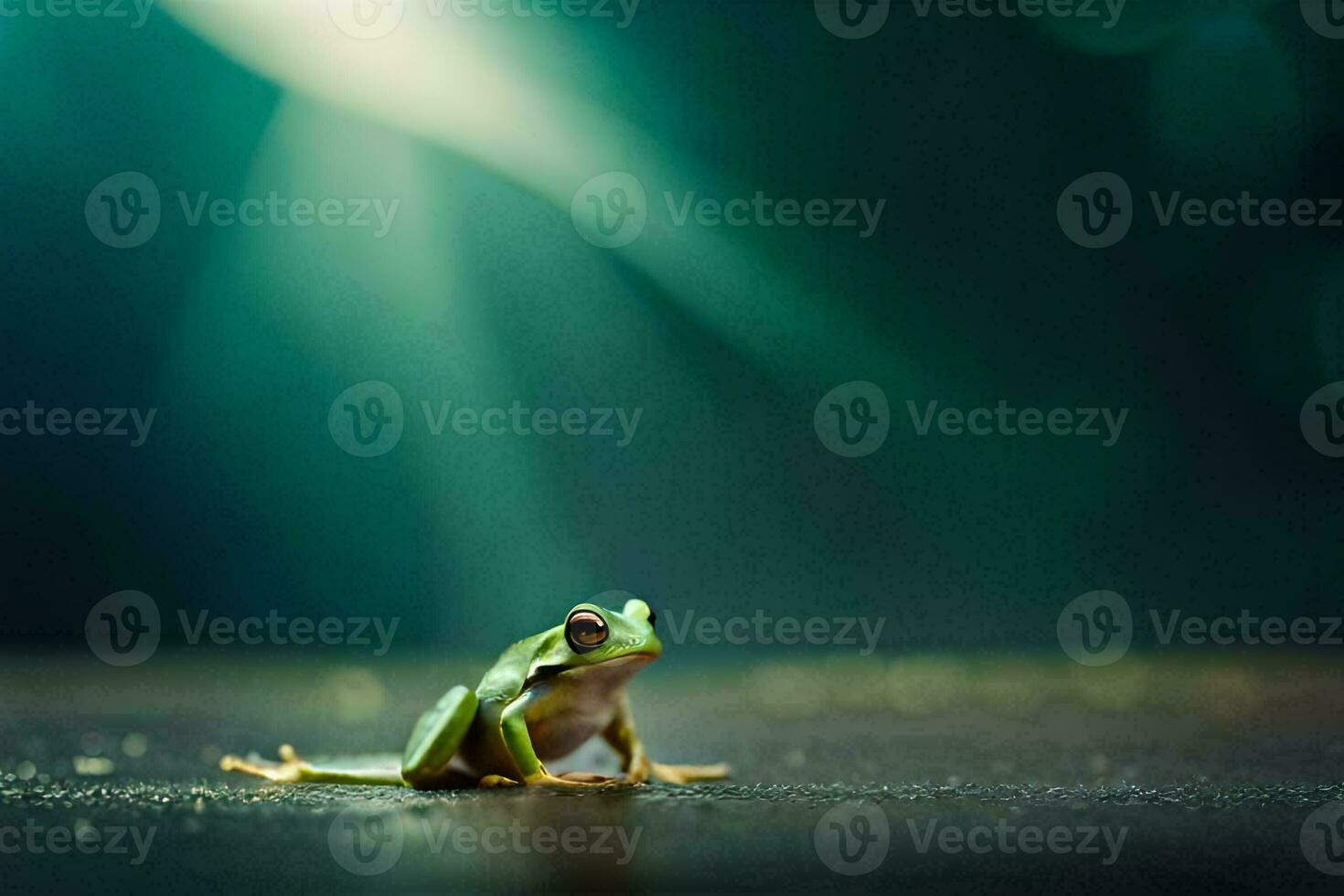 a frog sitting on the ground in front of a green light. AI-Generated photo