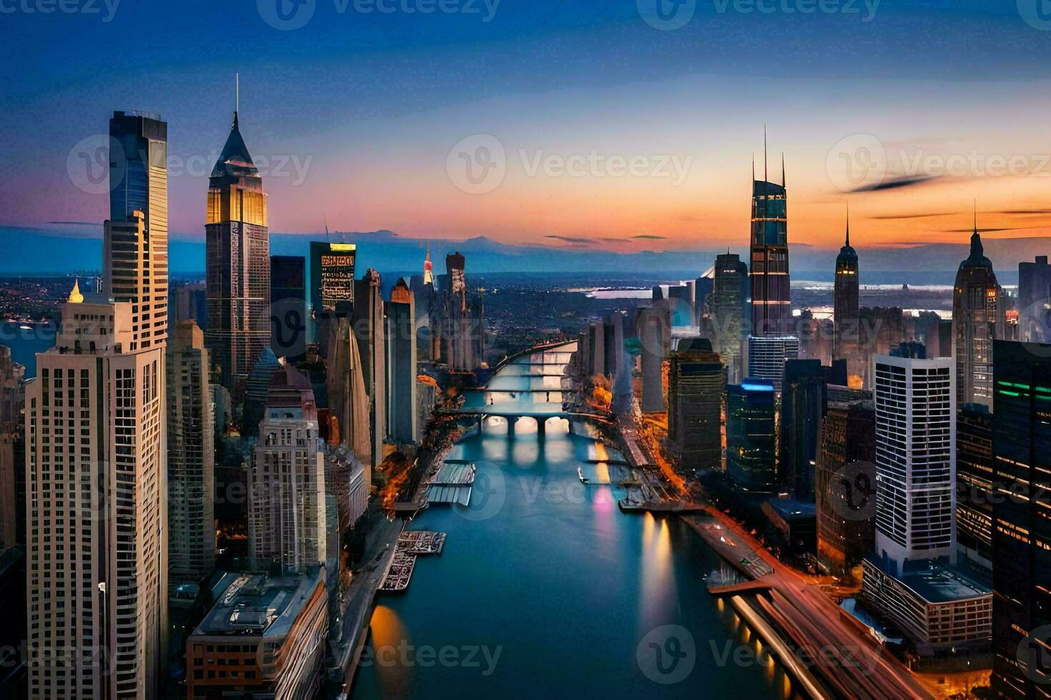 the chicago river and the city skyline at sunset. AI-Generated photo