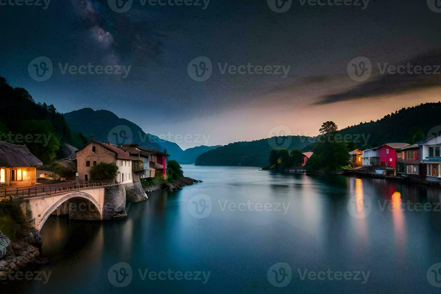 a bridge over a river at night with houses on either side. AI-Generated photo