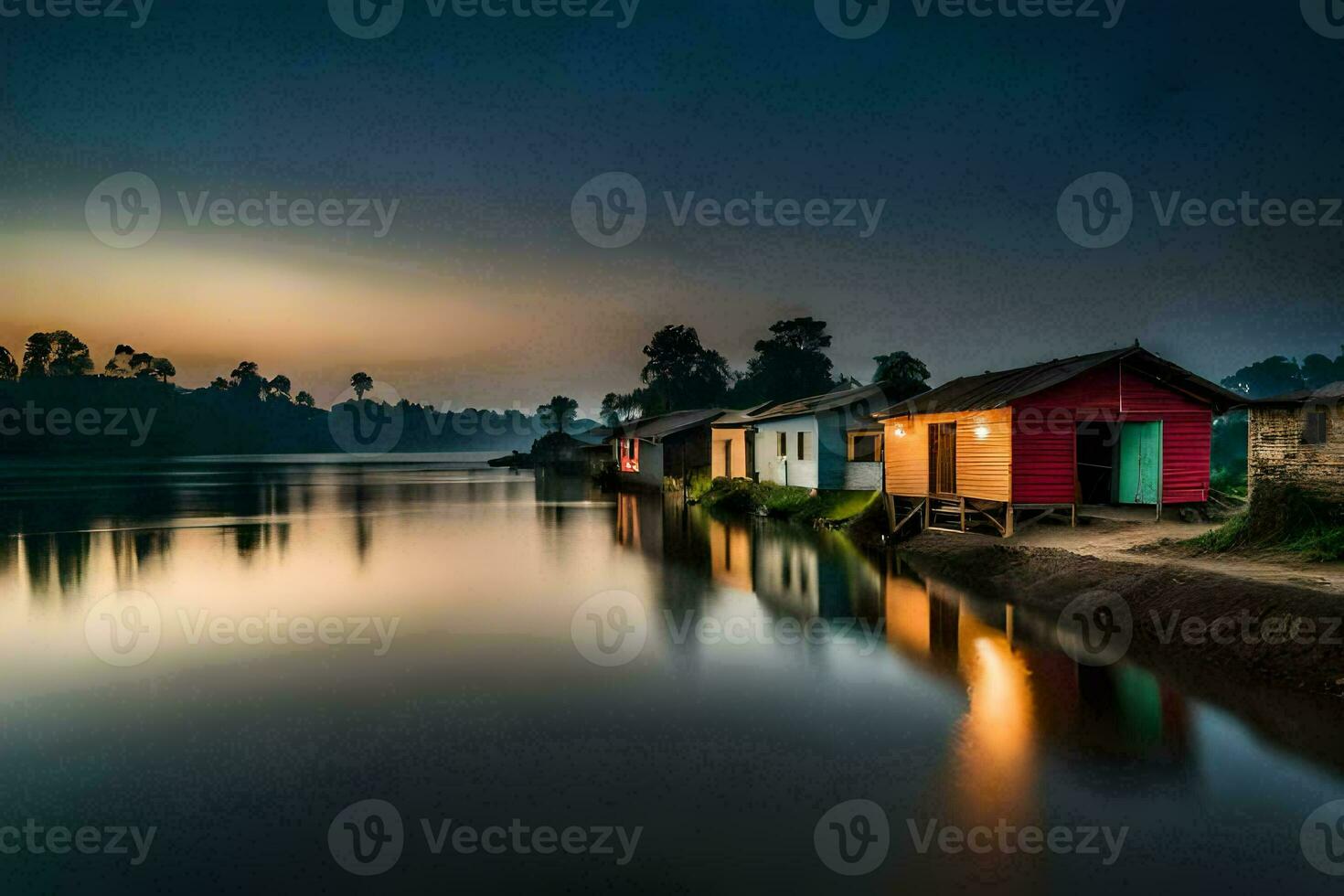 a row of colorful houses on the shore of a lake. AI-Generated photo