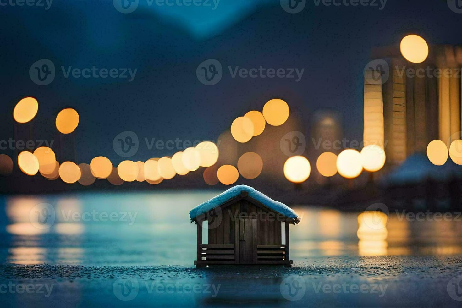 a small house sits on the water with lights in the background. AI-Generated photo