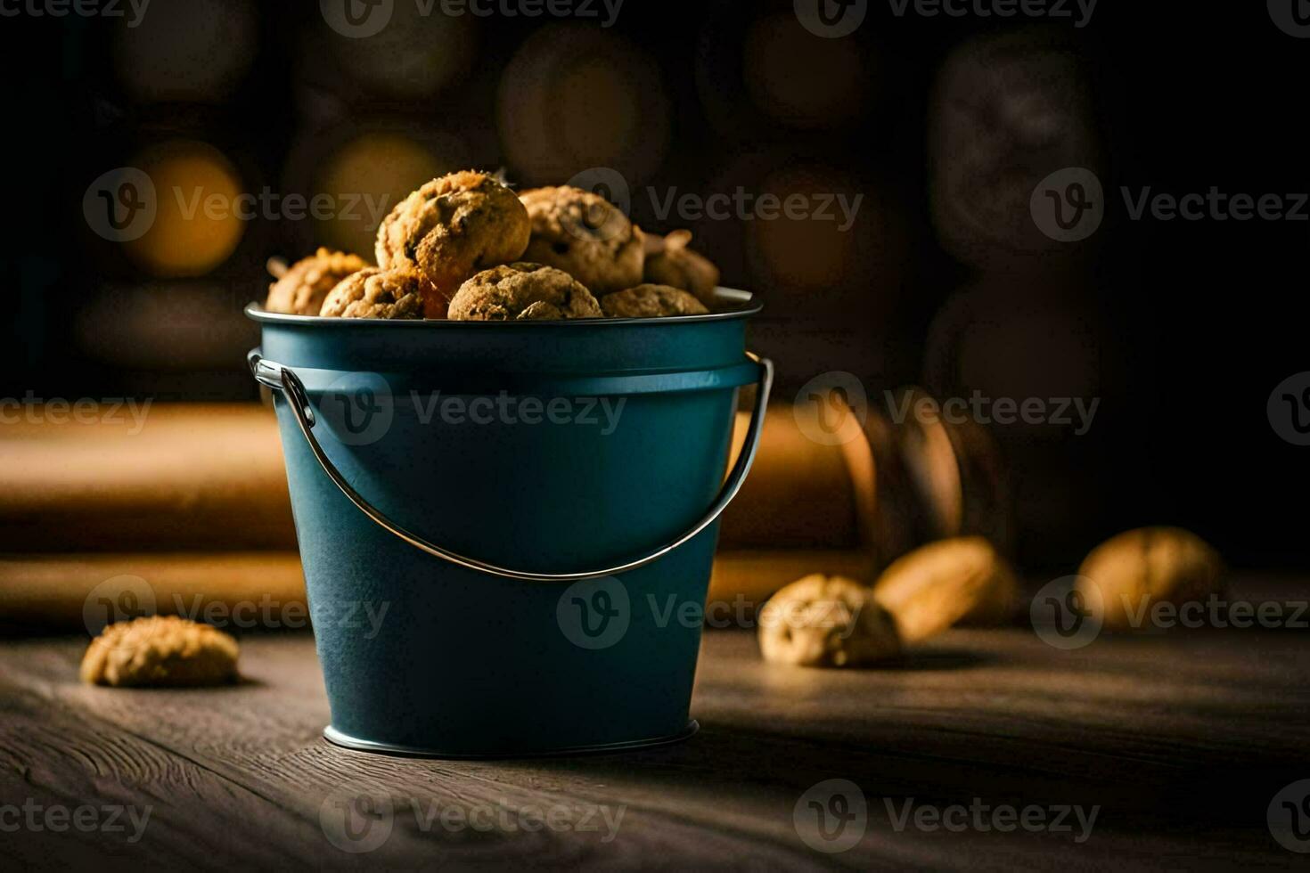 a bucket filled with nuts on a wooden table. AI-Generated photo