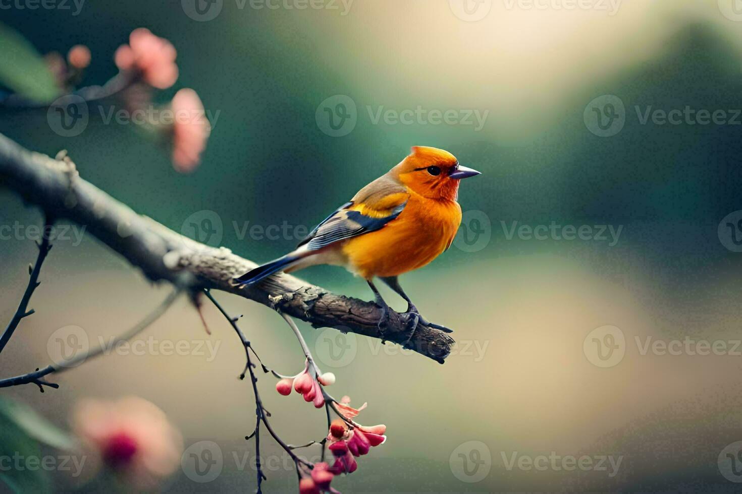 a small orange bird is perched on a branch. AI-Generated photo