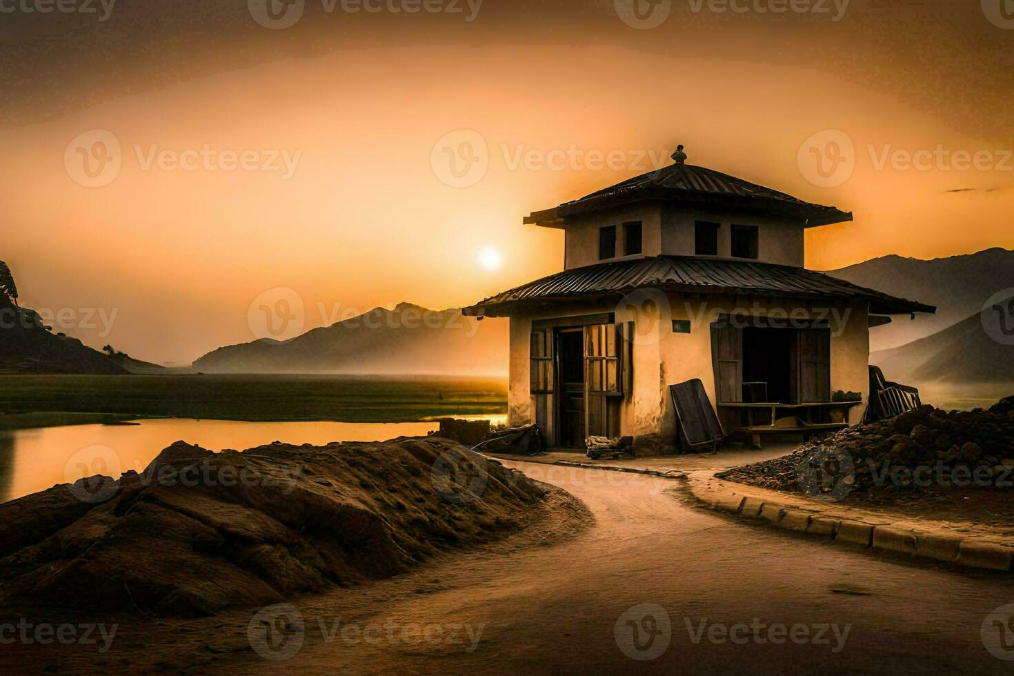 a small house sits on the side of a road near a lake. AI-Generated photo