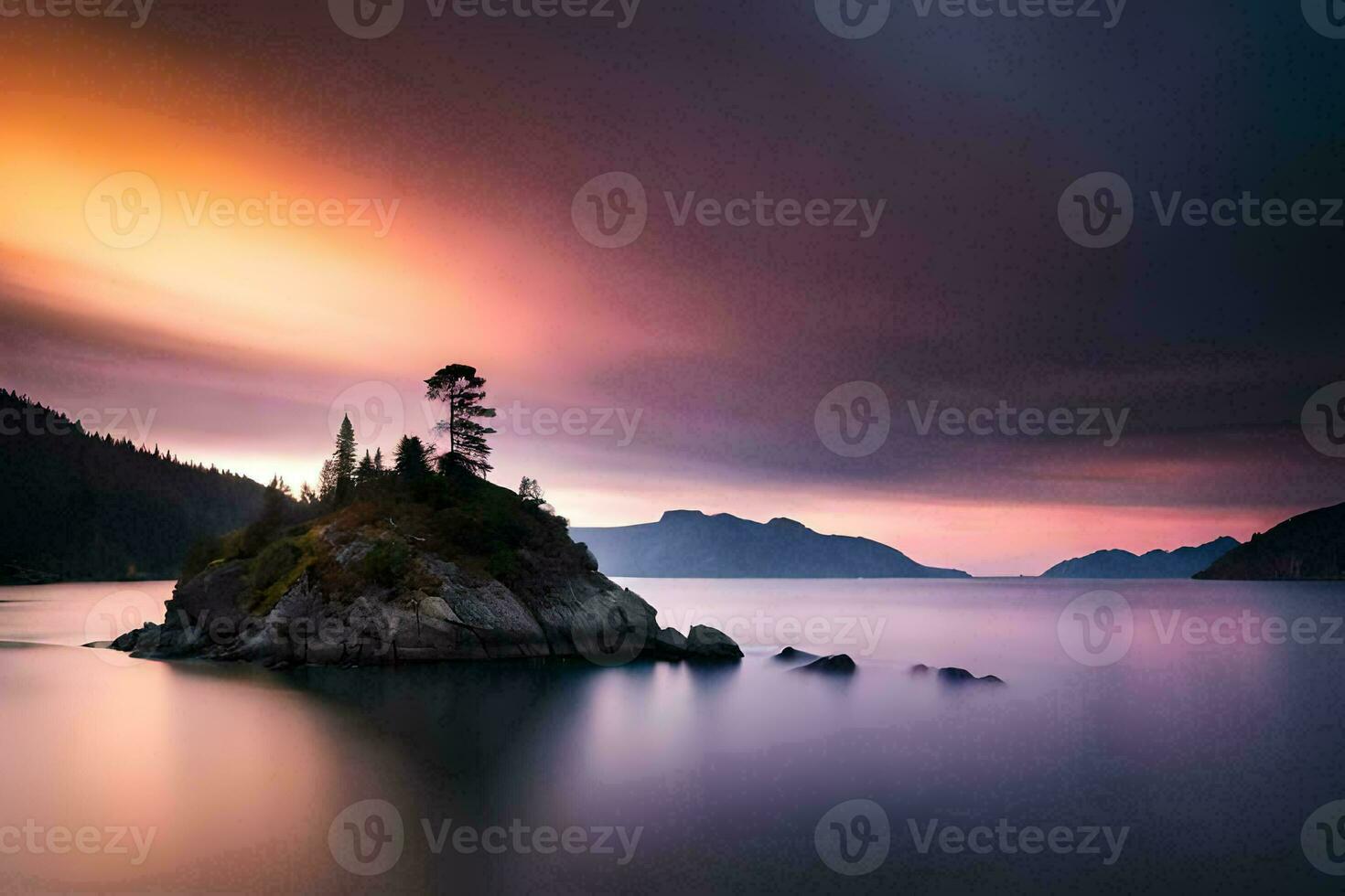a lone tree sits on an island in the middle of the ocean. AI-Generated photo