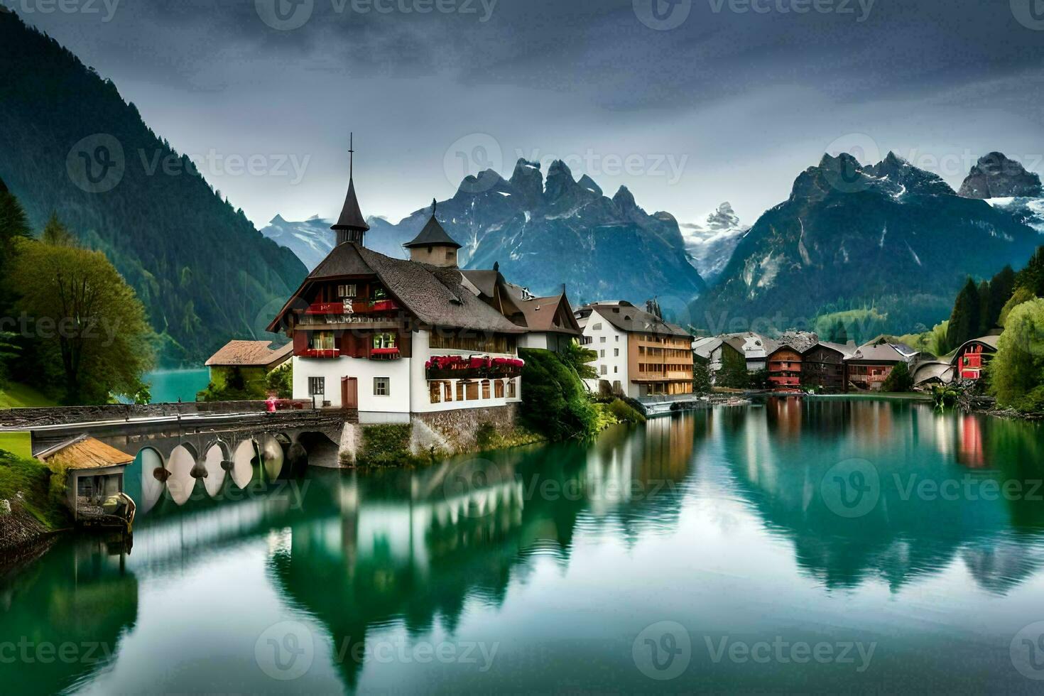 a beautiful lake and mountain scenery in the swiss alps. AI-Generated photo