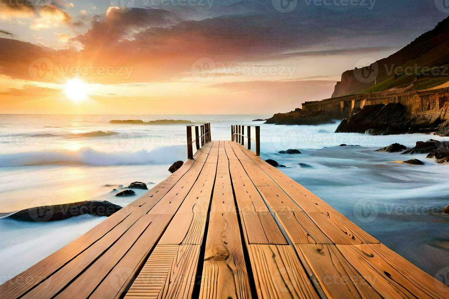 a wooden pier stretches out into the ocean at sunset. AI-Generated photo