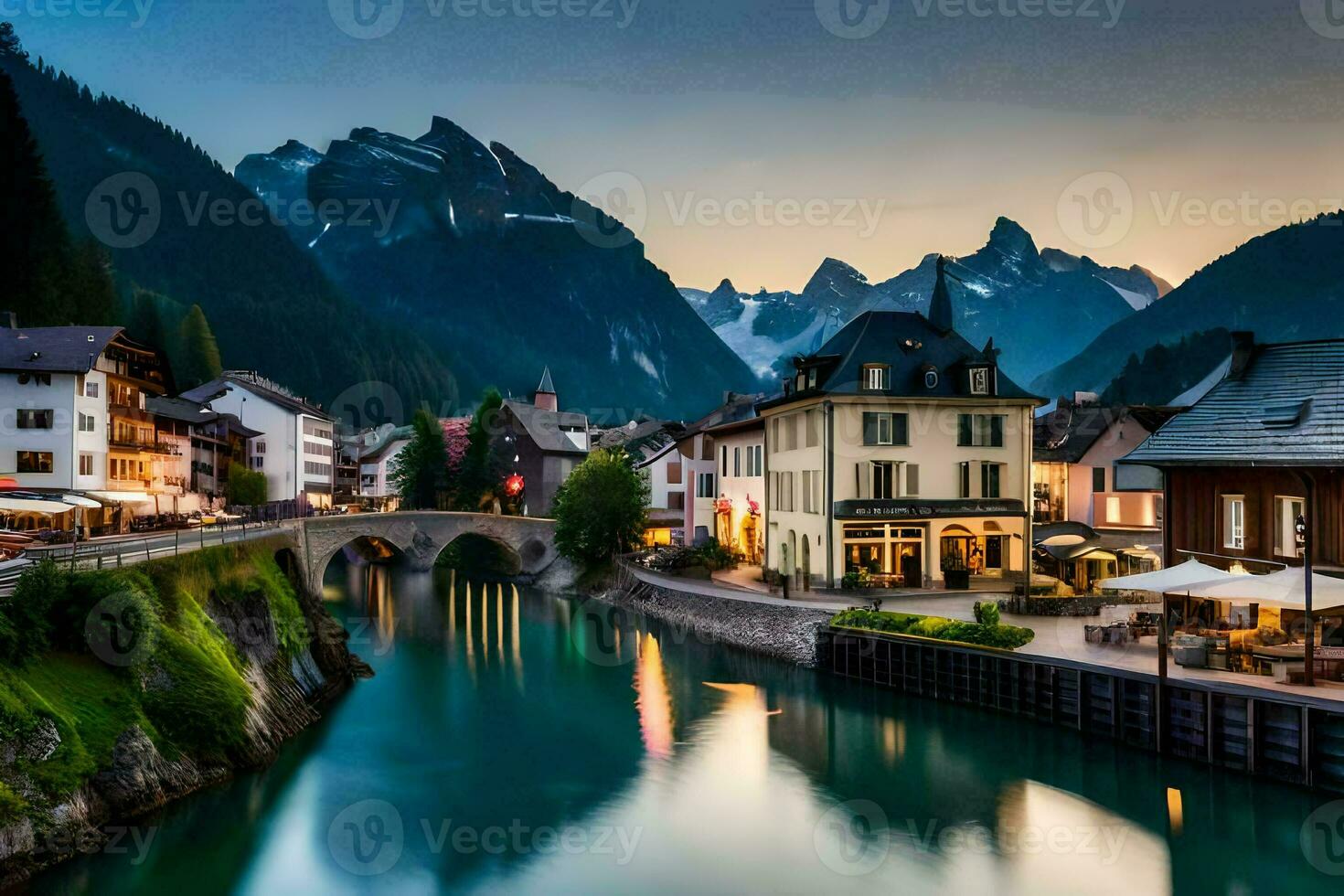 the town of altenburg in the alps at dusk. AI-Generated photo