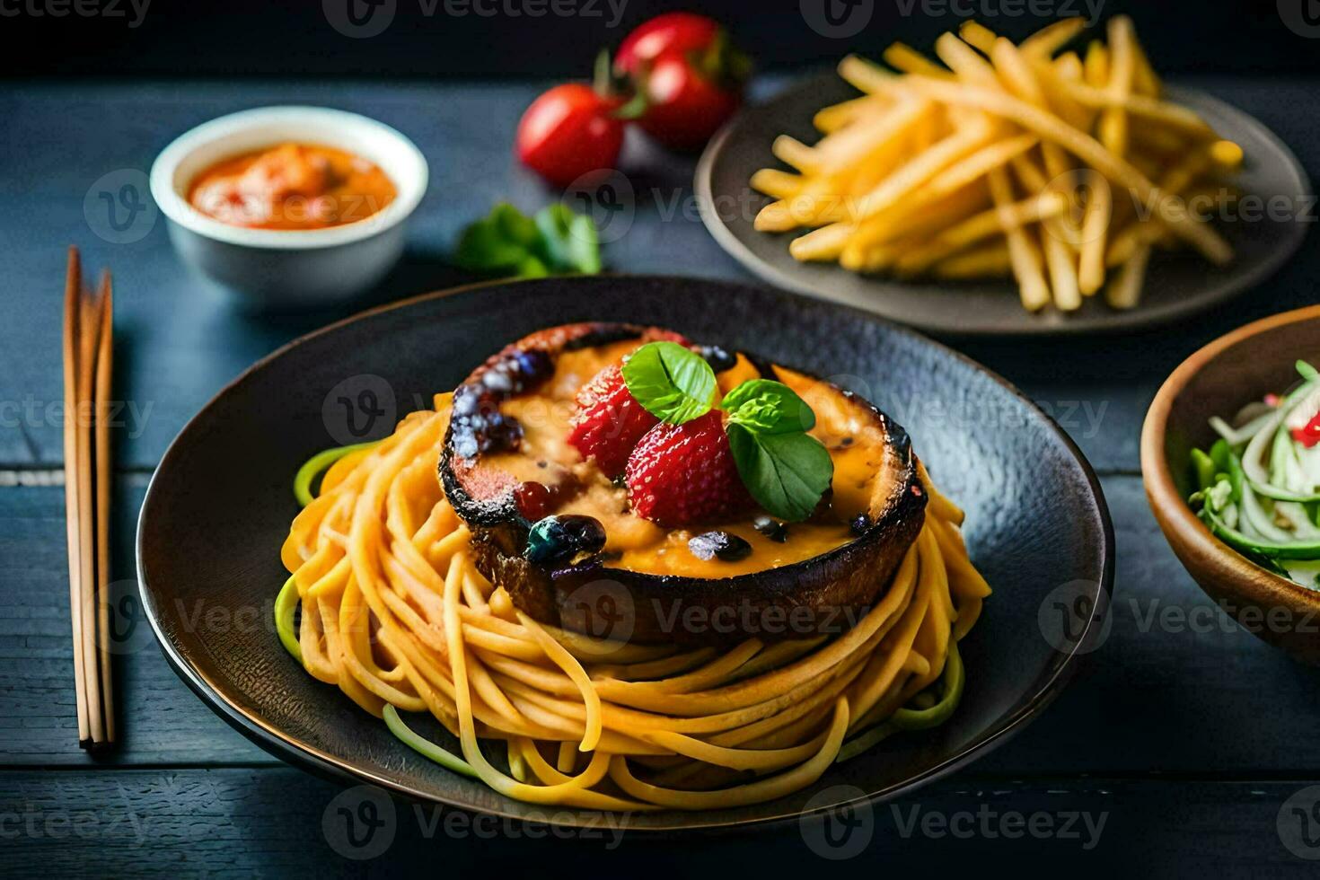 the food is served on a plate with a fork and a knife. AI-Generated photo