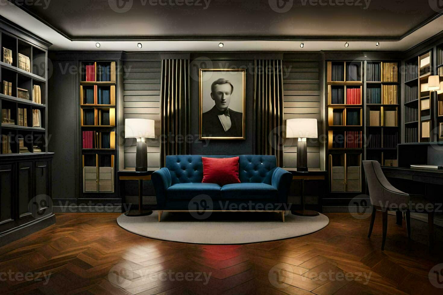 a library with a blue couch and bookshelves. AI-Generated photo