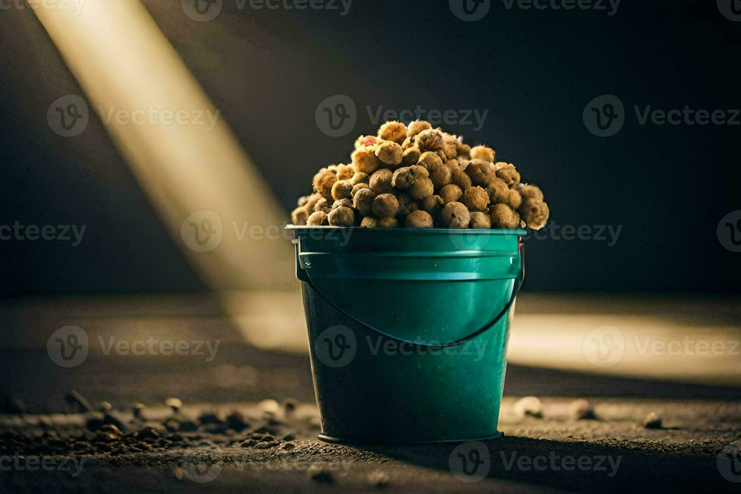 a bucket filled with peanuts on a dark surface. AI-Generated photo