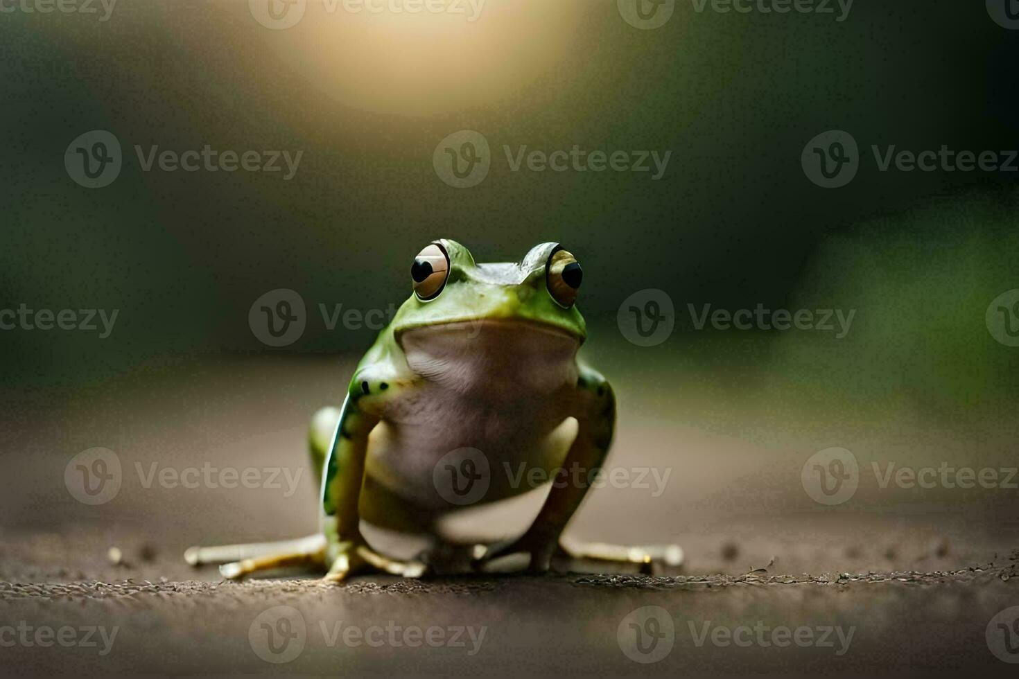 a frog sitting on the ground with a blurry background. AI-Generated photo