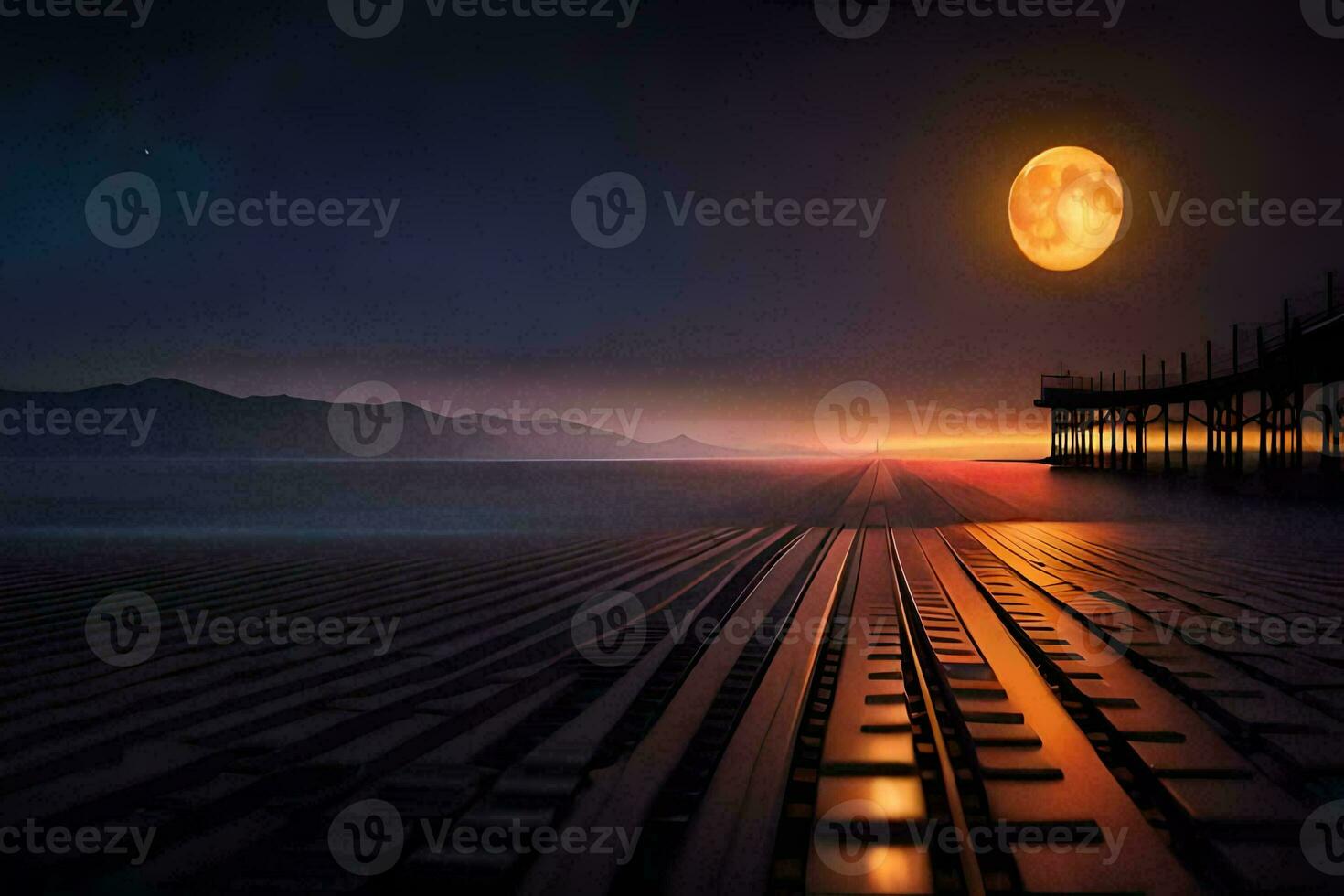 the moon is shining over a pier at night. AI-Generated photo