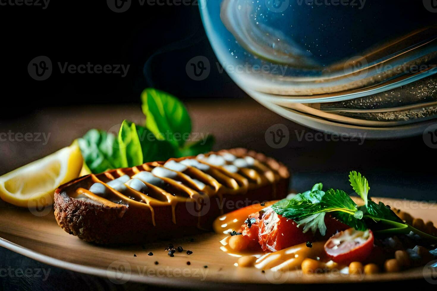 a plate with food and a glass of wine. AI-Generated photo