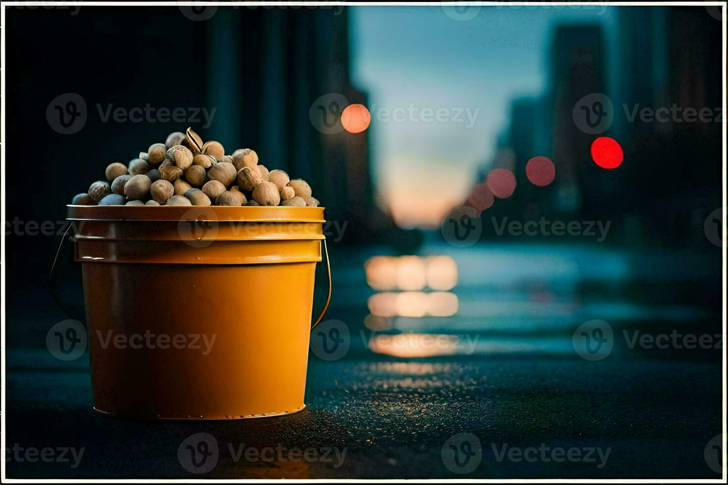 a bucket of peanuts on the street in front of a city. AI-Generated photo