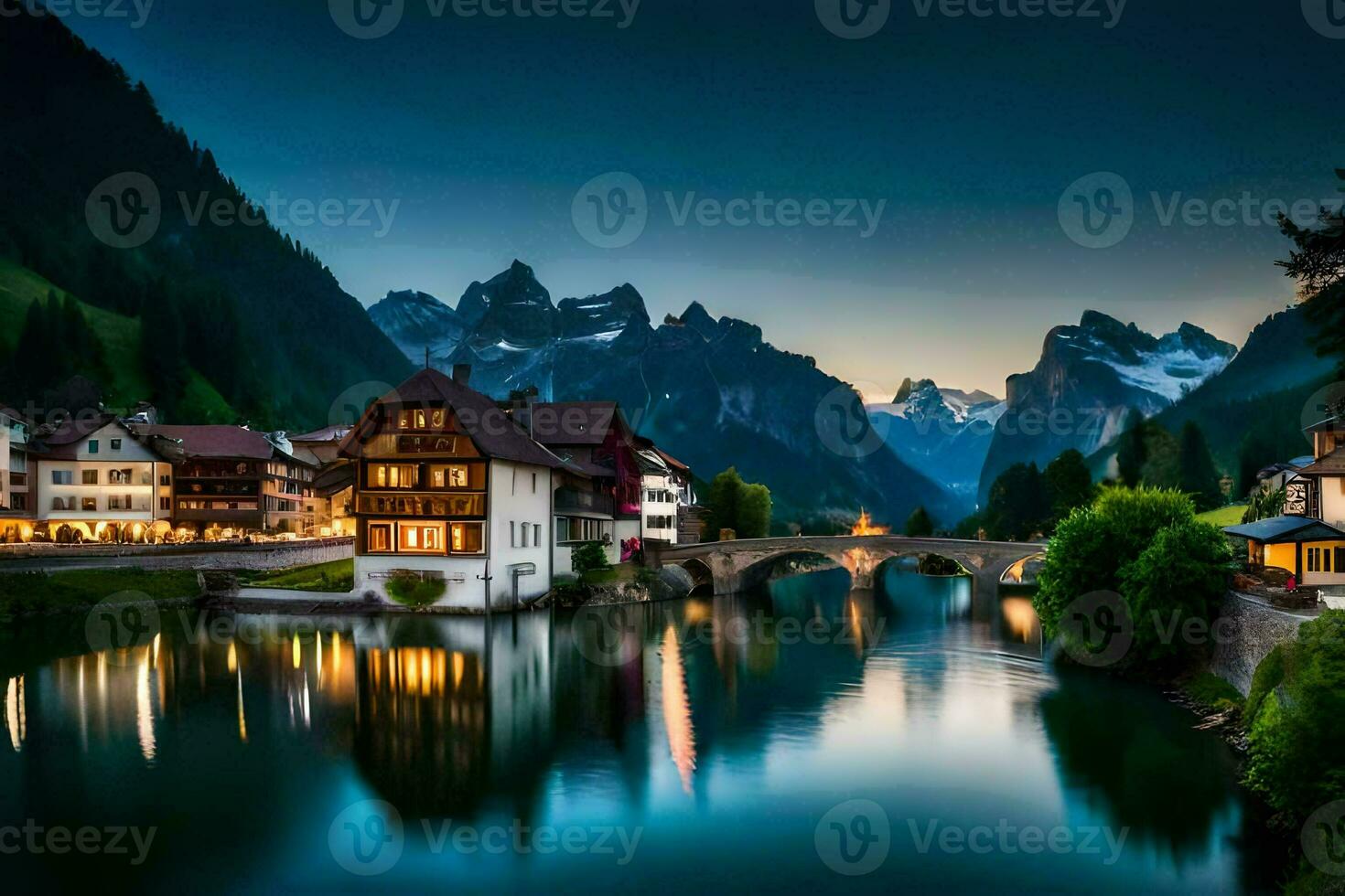photo wallpaper the sky, mountains, water, houses, river, mountains, lake, town,. AI-Generated