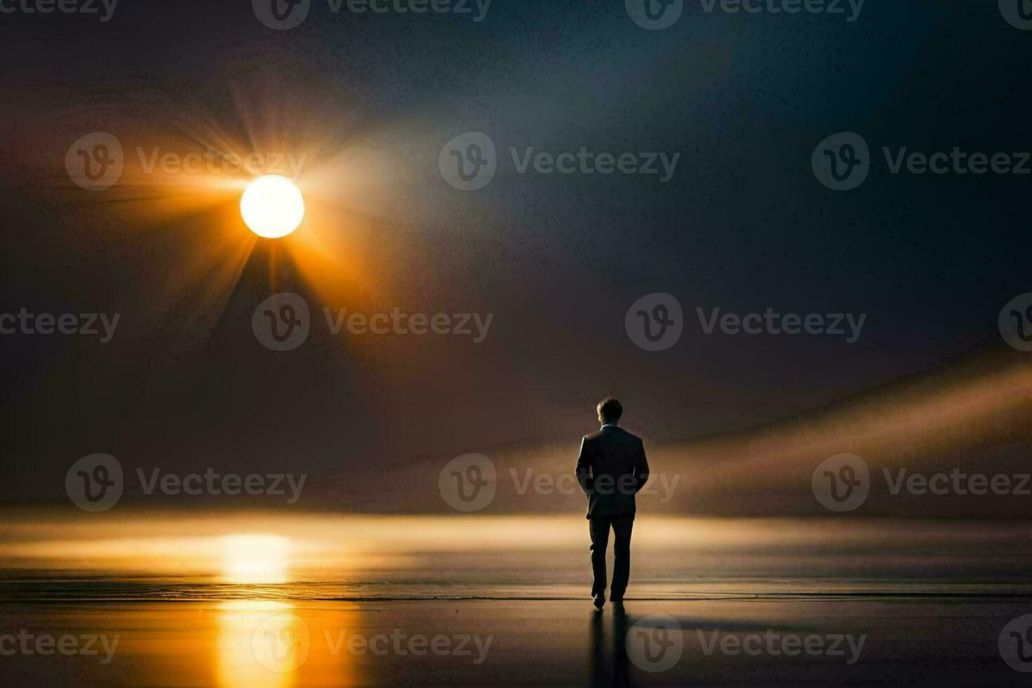 a man standing on the beach looking at the sun. AI-Generated photo