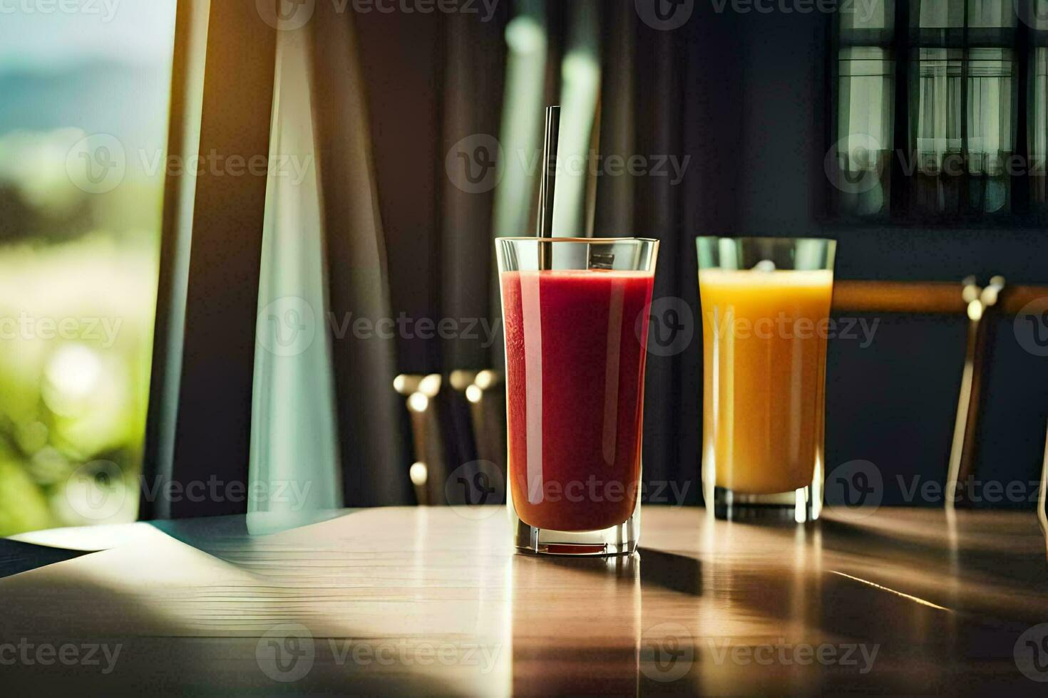 dos lentes de naranja jugo en un mesa. generado por ai foto
