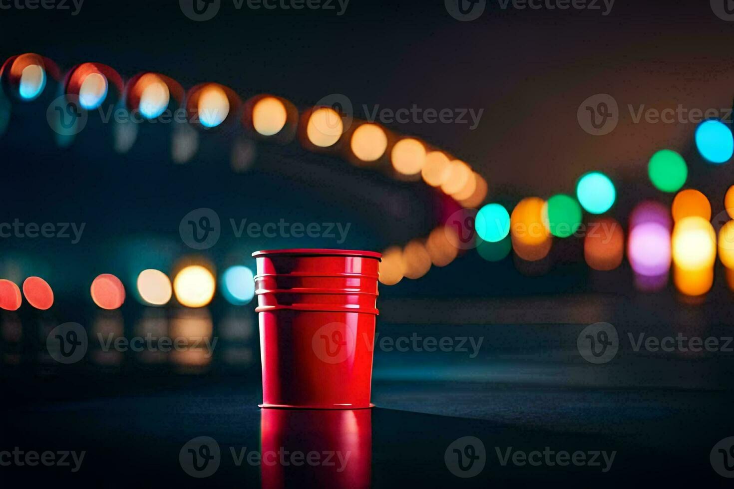 a red plastic cup sitting on the floor in front of a blurry background. AI-Generated photo