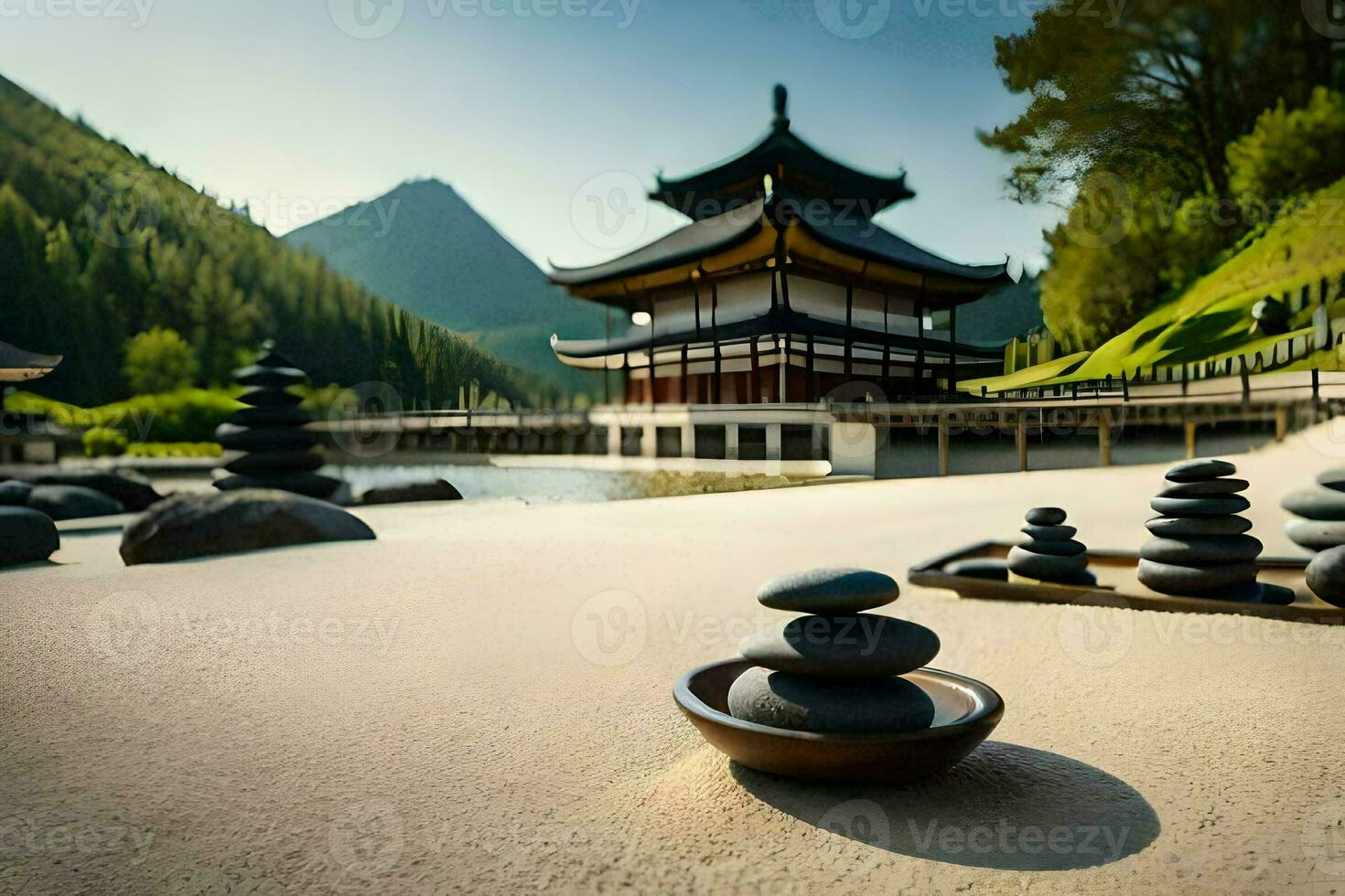a pagoda in the middle of a sandy beach with rocks and stones. AI-Generated photo