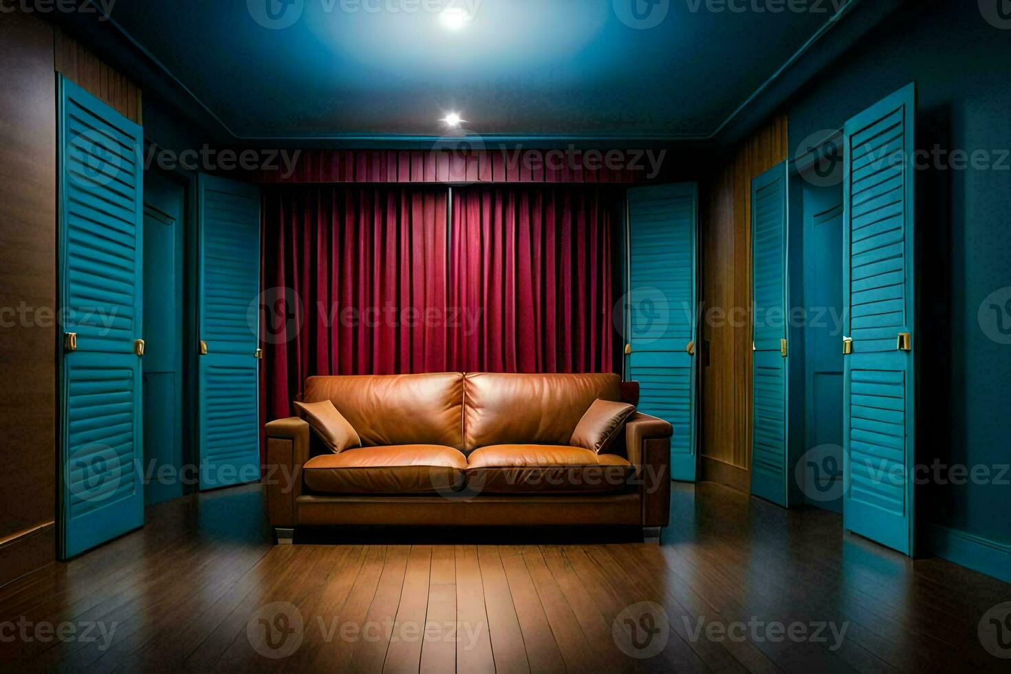 a leather couch in a room with blue shutters. AI-Generated photo