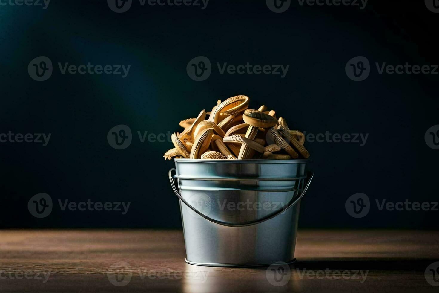 a bucket filled with noodles on a table. AI-Generated photo