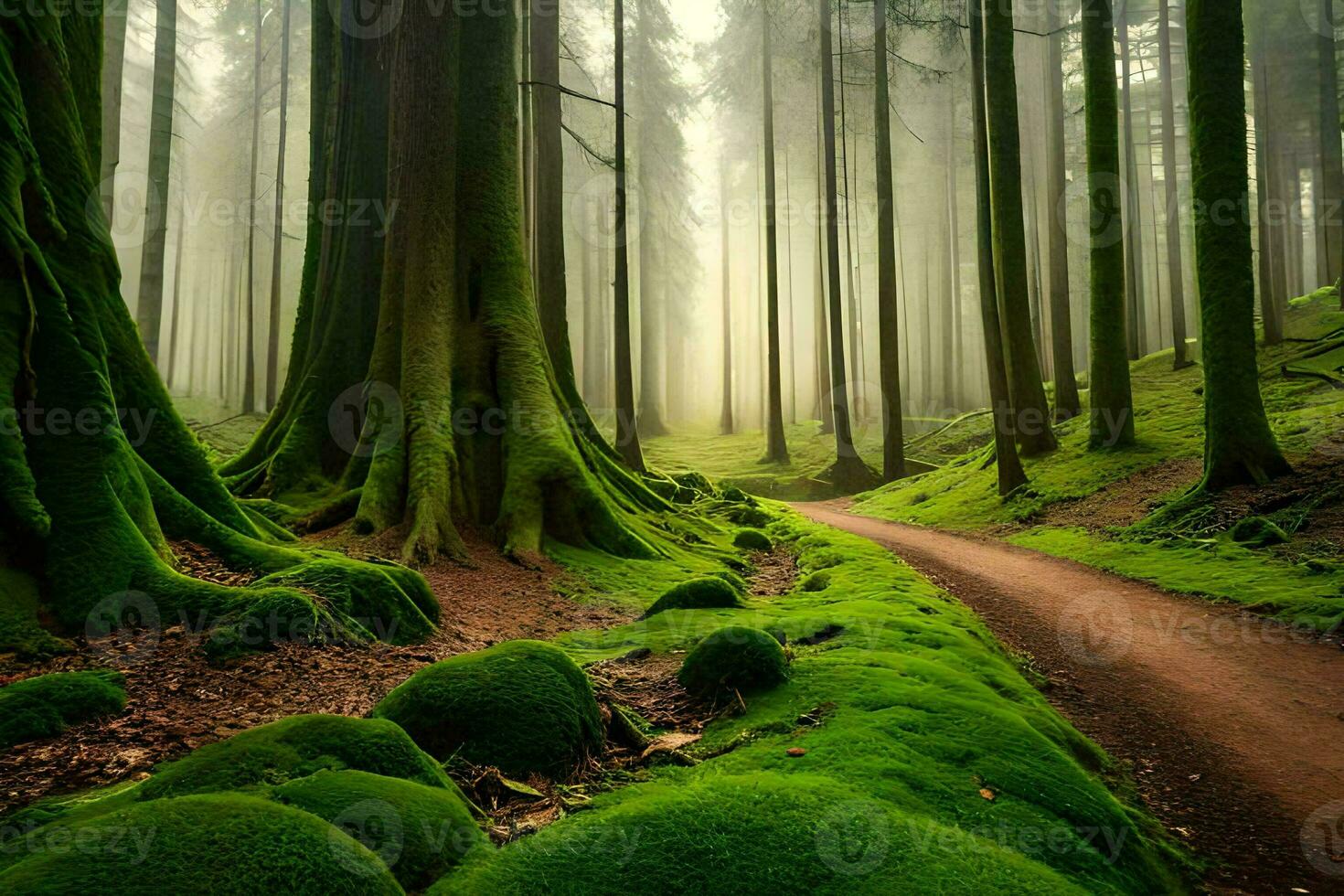 a path through a green forest with mossy trees. AI-Generated photo