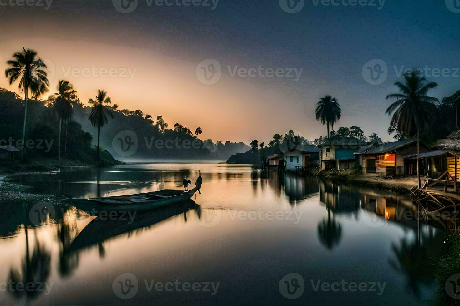 a boat is docked on the river at sunset. AI-Generated photo