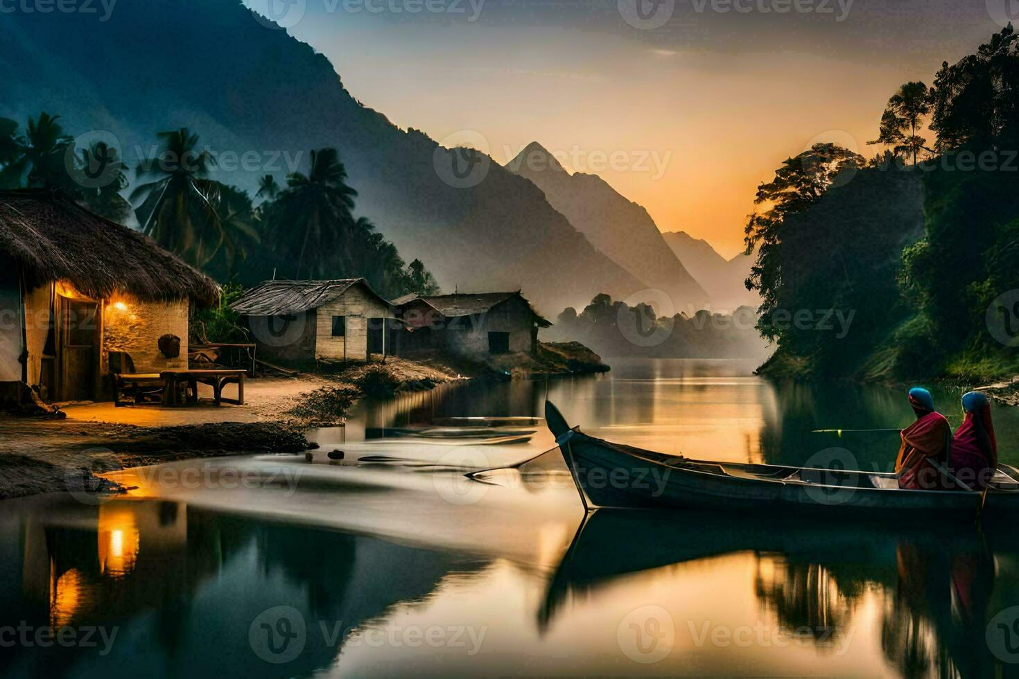 the boat is floating on the river at sunset. AI-Generated photo